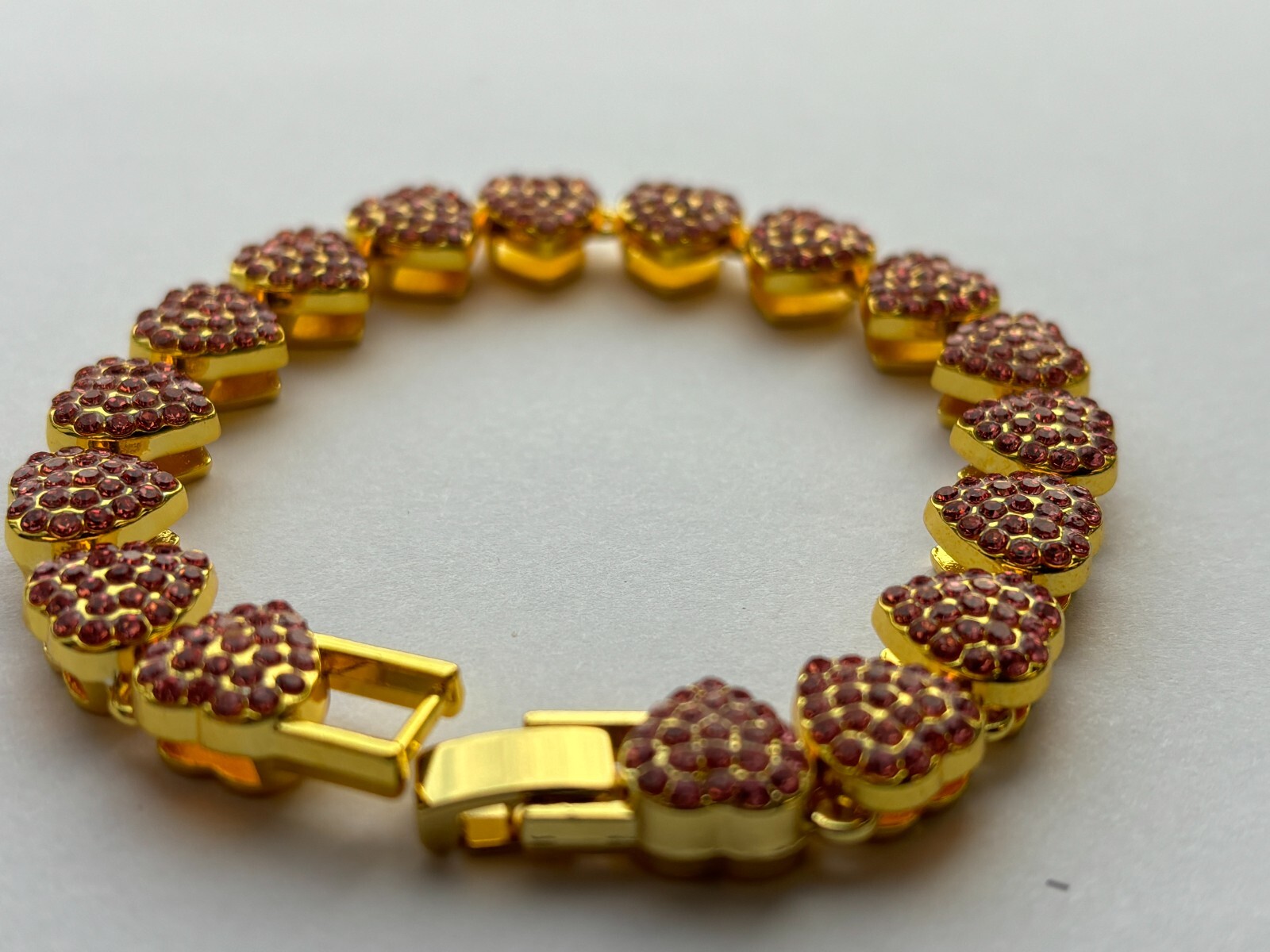 Fifth Avenue Strawberry Chain Yellow Gold Round Cut Red Rhinestone Bracelet 7 In