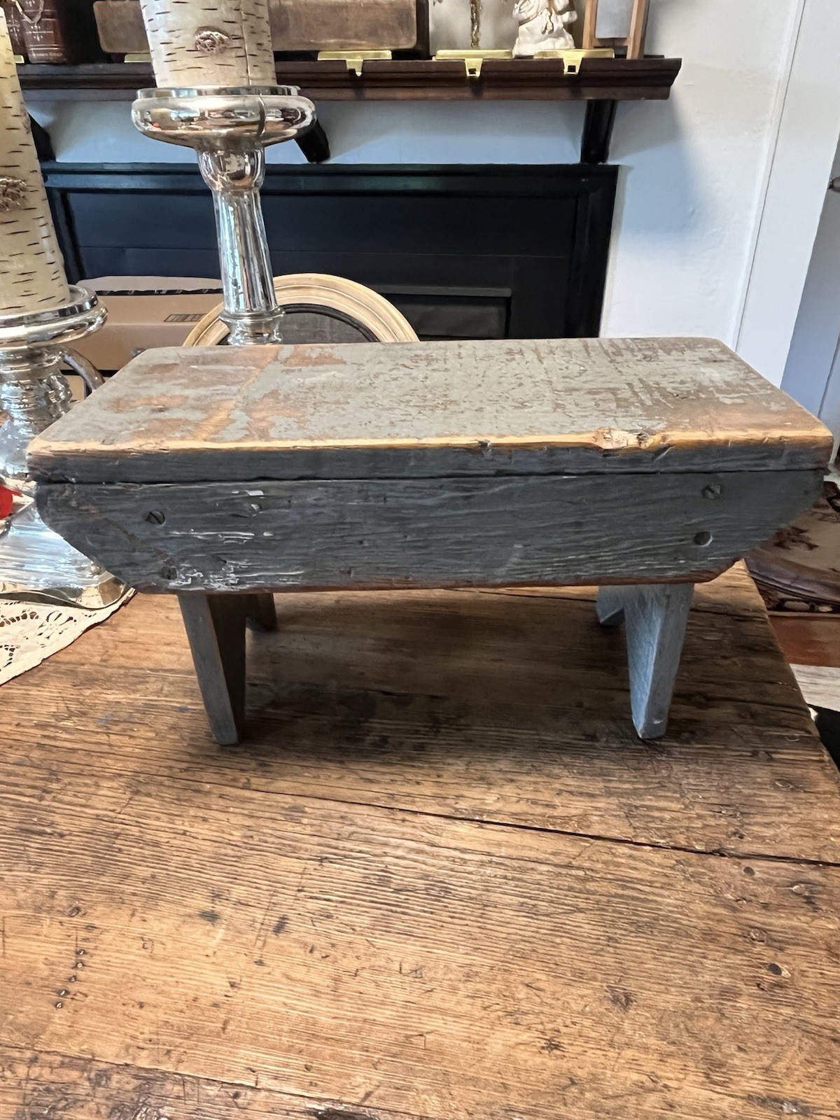 AAFA Antique Wooden Step Stool Riser Footstool Primitive Decor Original Blue