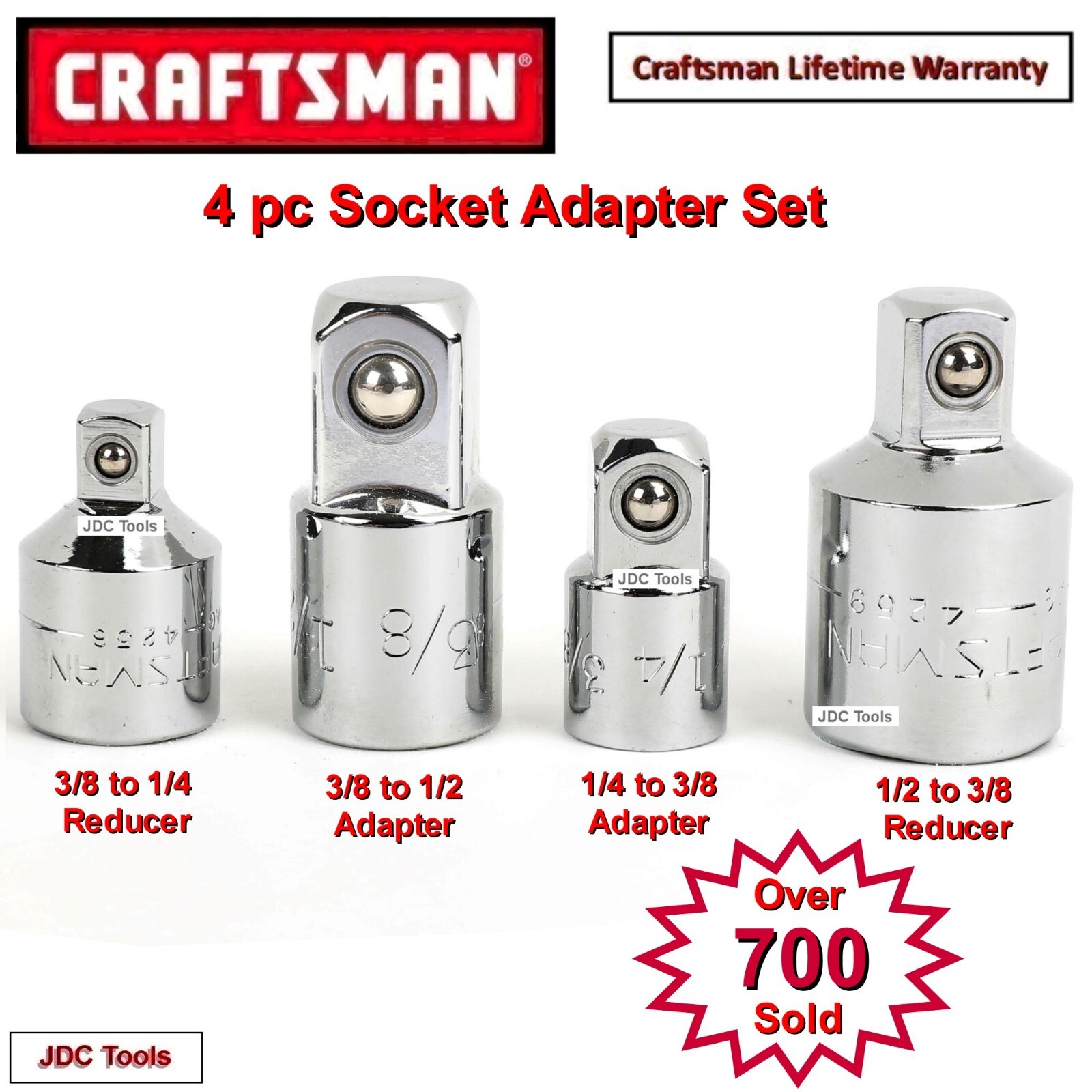 Craftsman 4 pc Socket Adapter Reducer Converter Set - 1/4 3/8 1/2 9-4235