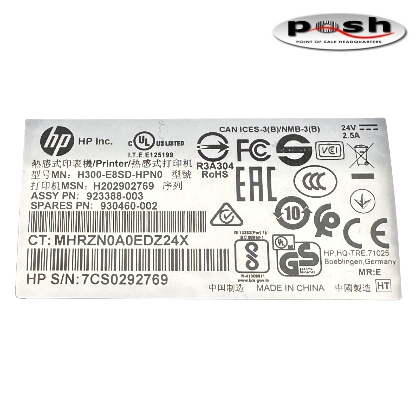 HP Black H300-E8SD-HPN0 Compact Thermal Receipt Printer with Power Supply