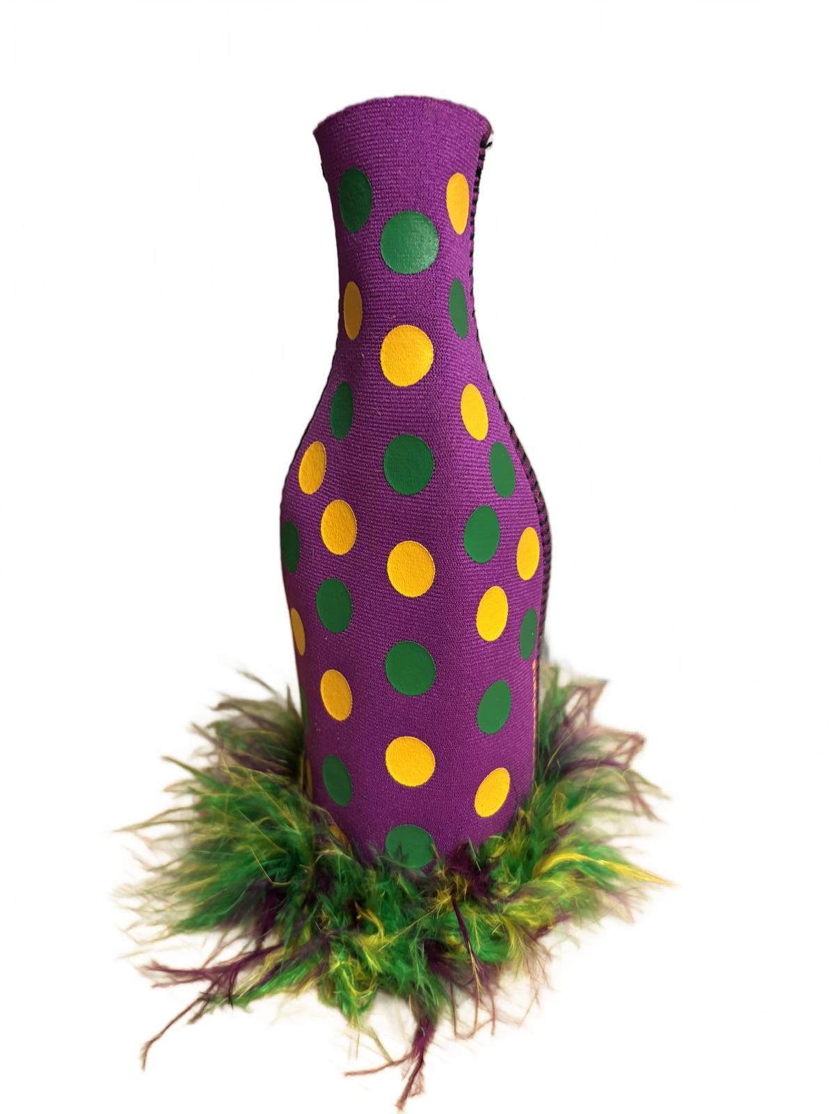 Mardi Gras Purple Polka Dot Bottle Cooler with Feather Trim