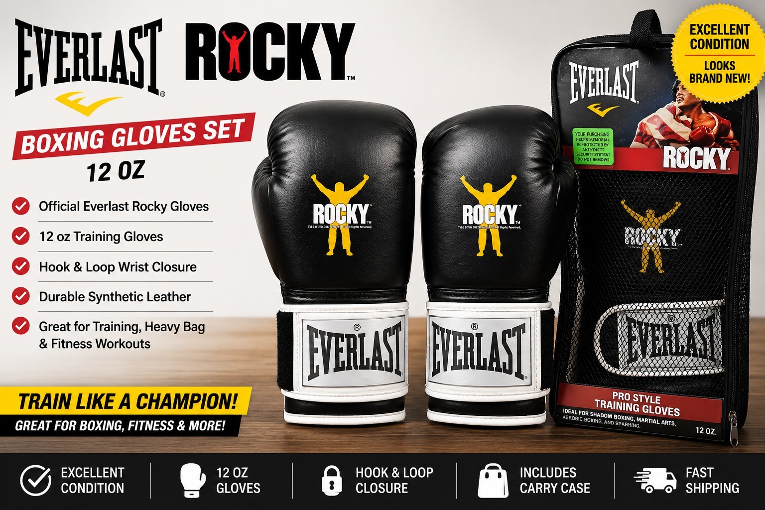 🥊2006 MGM Everlast Boxing Gloves Rocky Balboa Black Gold 12 Movie Collectible