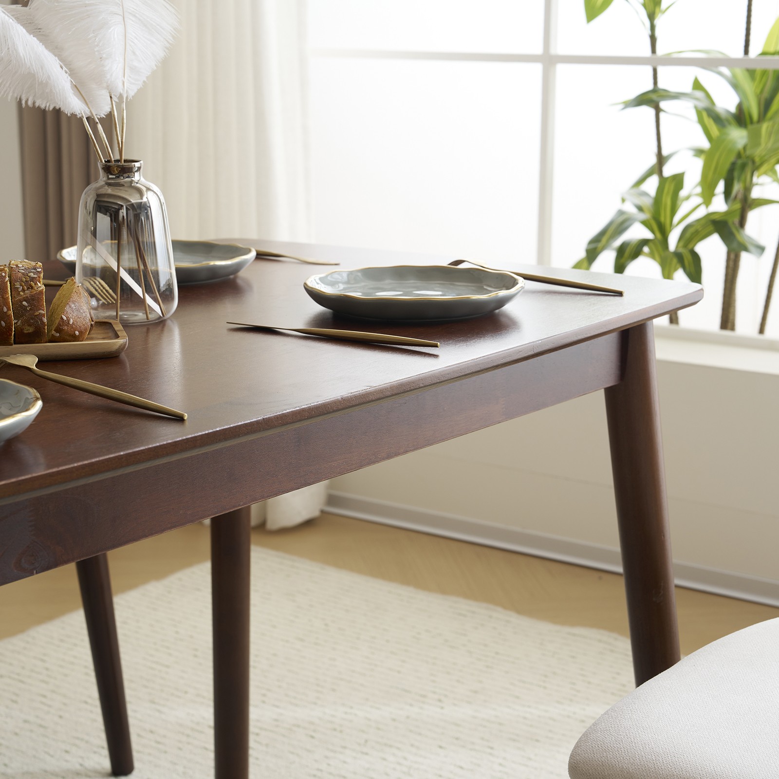 5pc Solid Wood Dining Set Deep Walnut Table & 4 Beige Padded Chairs Space-Saving