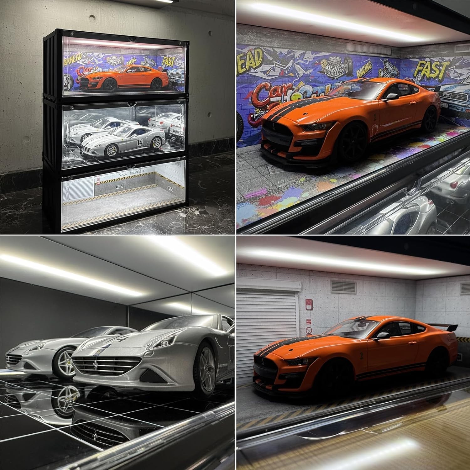 Car Display Case LED Light 1/18 Scale Muscle Model Diorama Diecast Garage Box