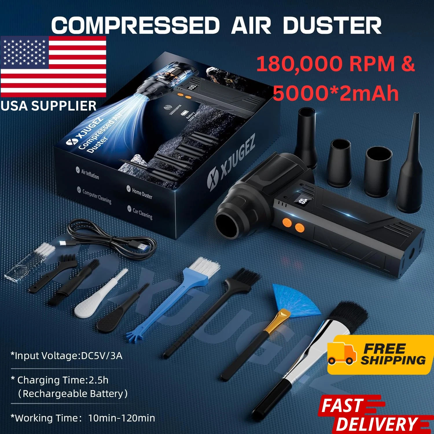 ELECTRIC AIR DUSTER 4-GEAR 180000RPM, COMPRESSED AIR BLOWER LED RECHARGEABLE KIT