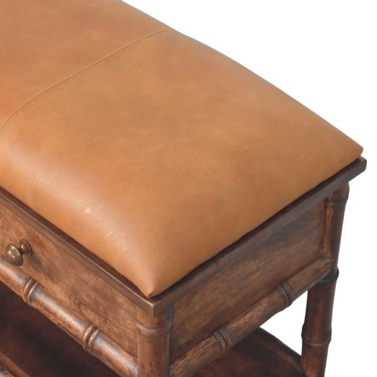 Bamboo Carved Storage Bench with Leather Seat