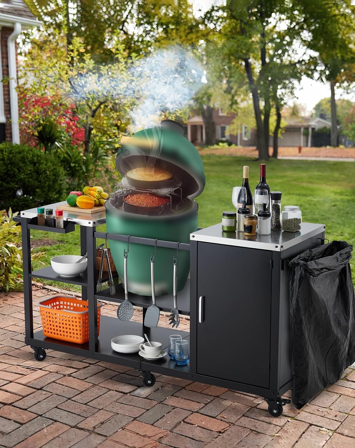 Grill Table for Big Green Egg Style BBQ, Metal Outdoor Station Prep Storage Cart