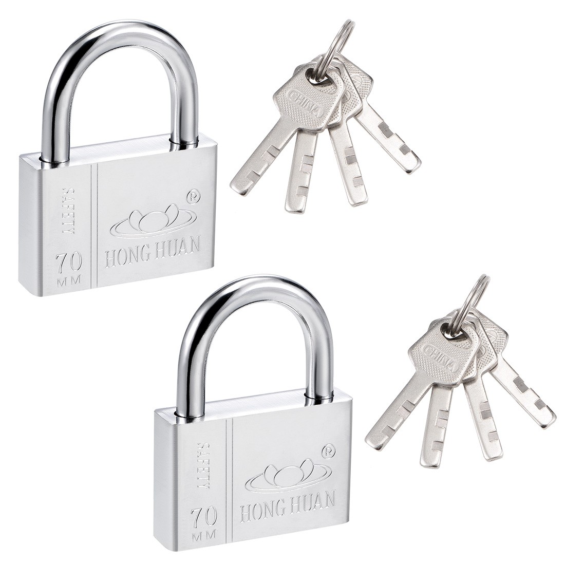 Steel Padlock, Keyed Different, 70mm Wide Chrome Finish Harden Shackle, 2Pcs