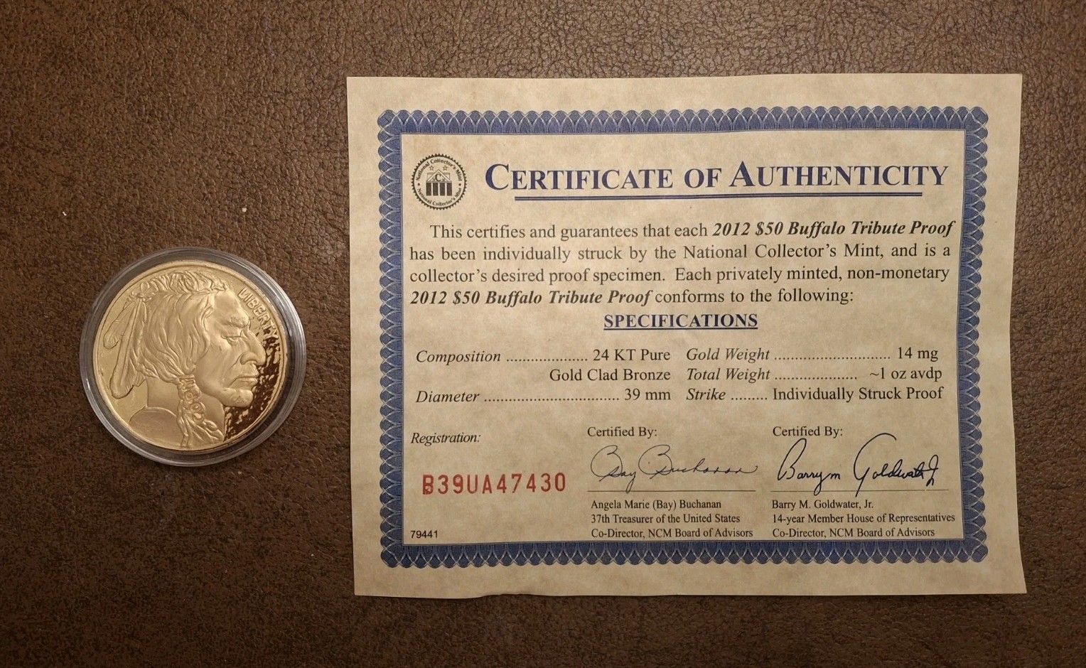 2012 US Buffalo Indian Head Gold Plated Coin w/Case & COA COPY