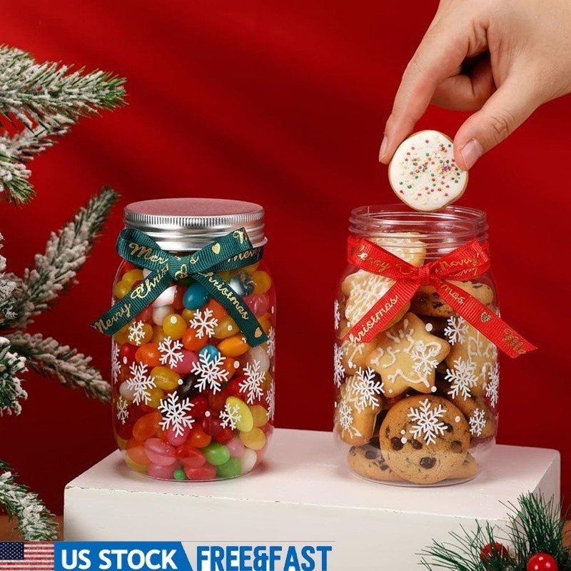 24 Clear Christmas Jars W/ Ribbons DIY Crafts Holiday Treat Containers New
