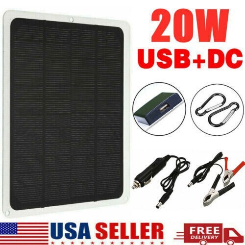 20W 12V Waterproof Solar Panel Kit with Cigarette Lighter & Alligator Clips USA