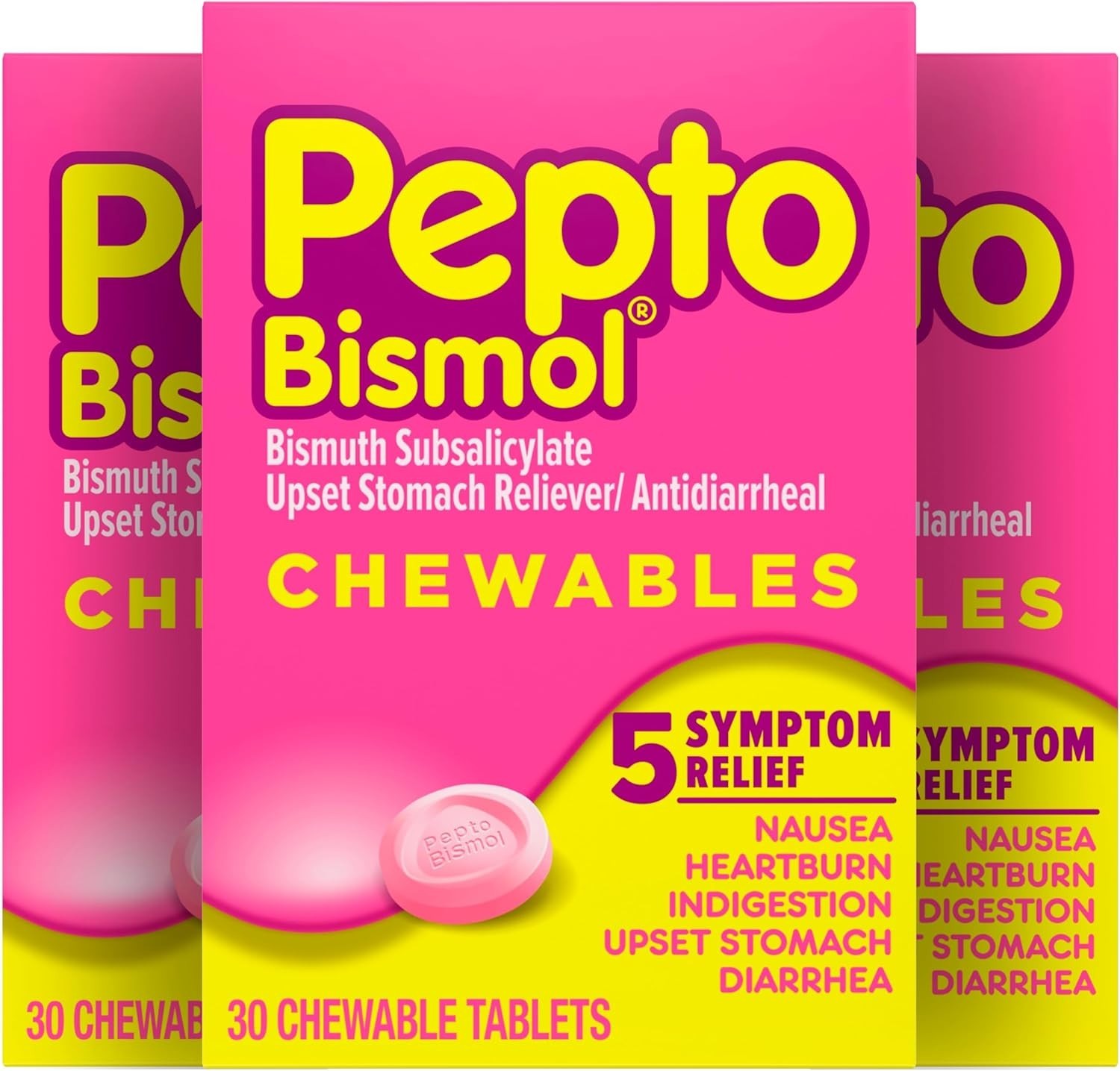 Pepto Bismol Chewable Tablets, 5 Symptom Relief, Original Flavor, 90 Ct (3x30)