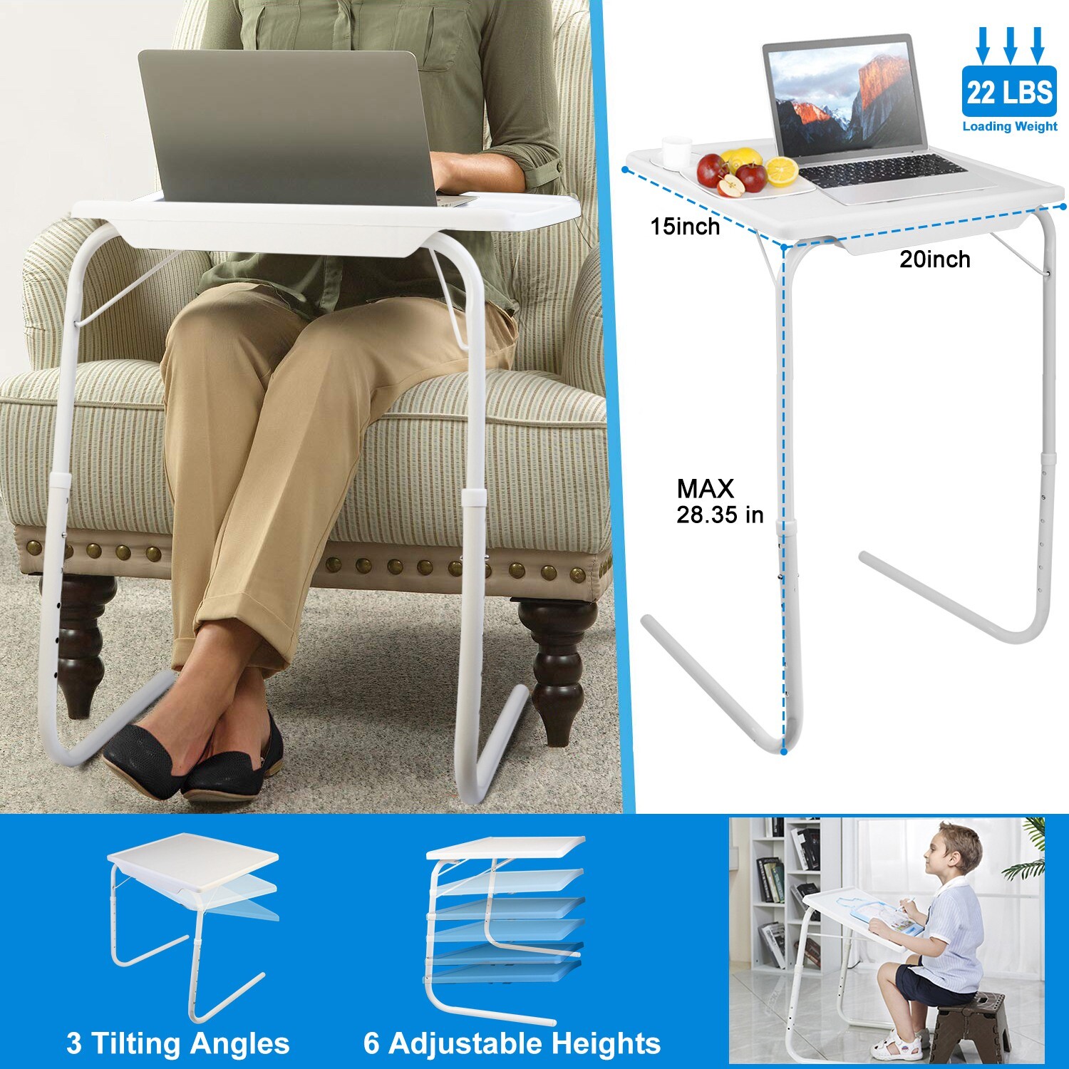 Adjustable Portable Folding Table Desk Smart TV Tray Laptop PC Dinner Bed Mate