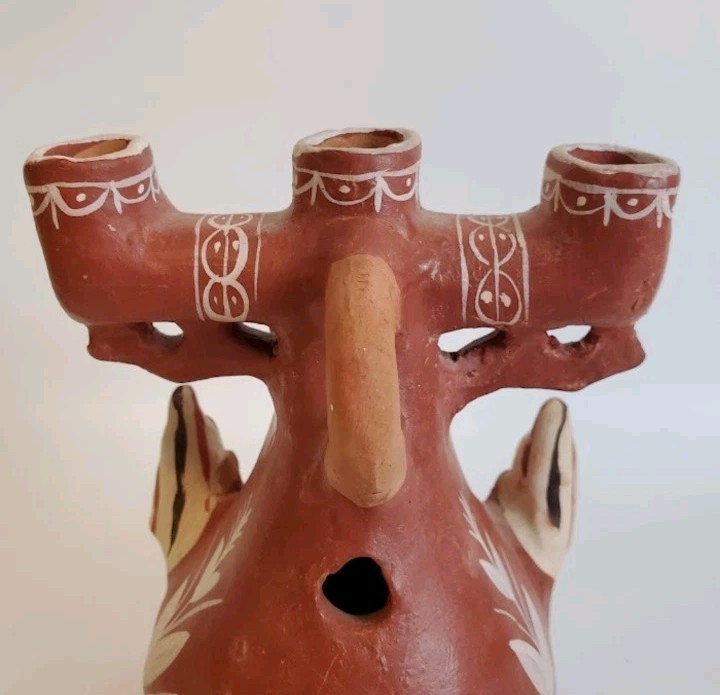 VTG Peruvian Red Clay Luminary Quinua Triple Candelabra Ceremonial Peru Folk Art