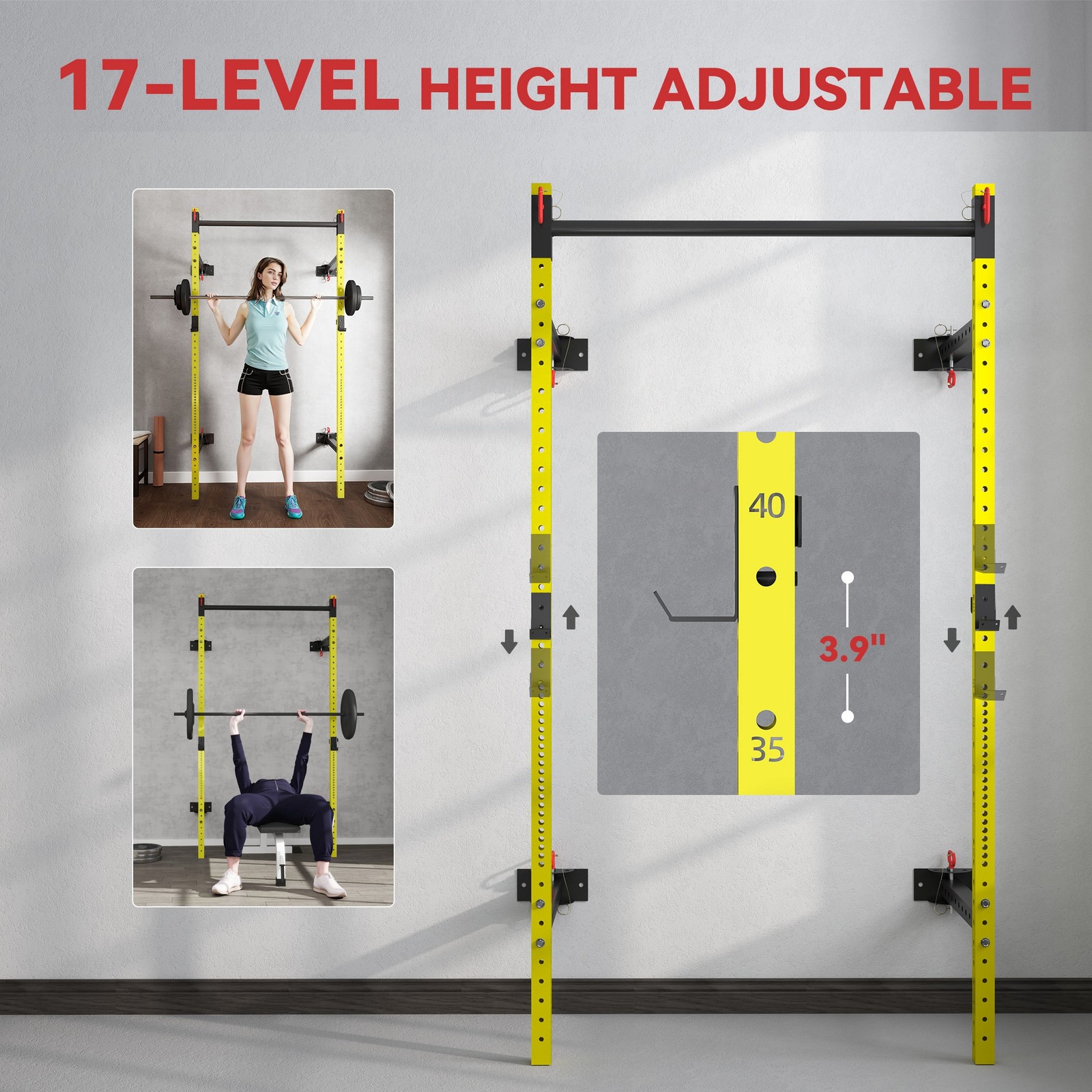 Folding Squat Rack with Pull Up Bar Wall Mounted and Adjustable Power Rack