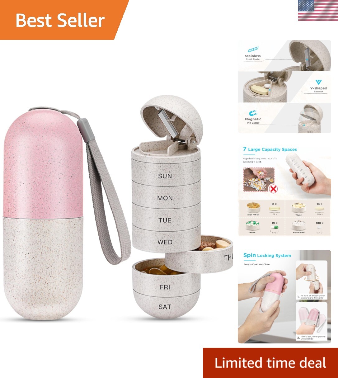 Pink Grain Fiber Weekly Pill Organizer with Cutter - Durable & Moisture-Proof