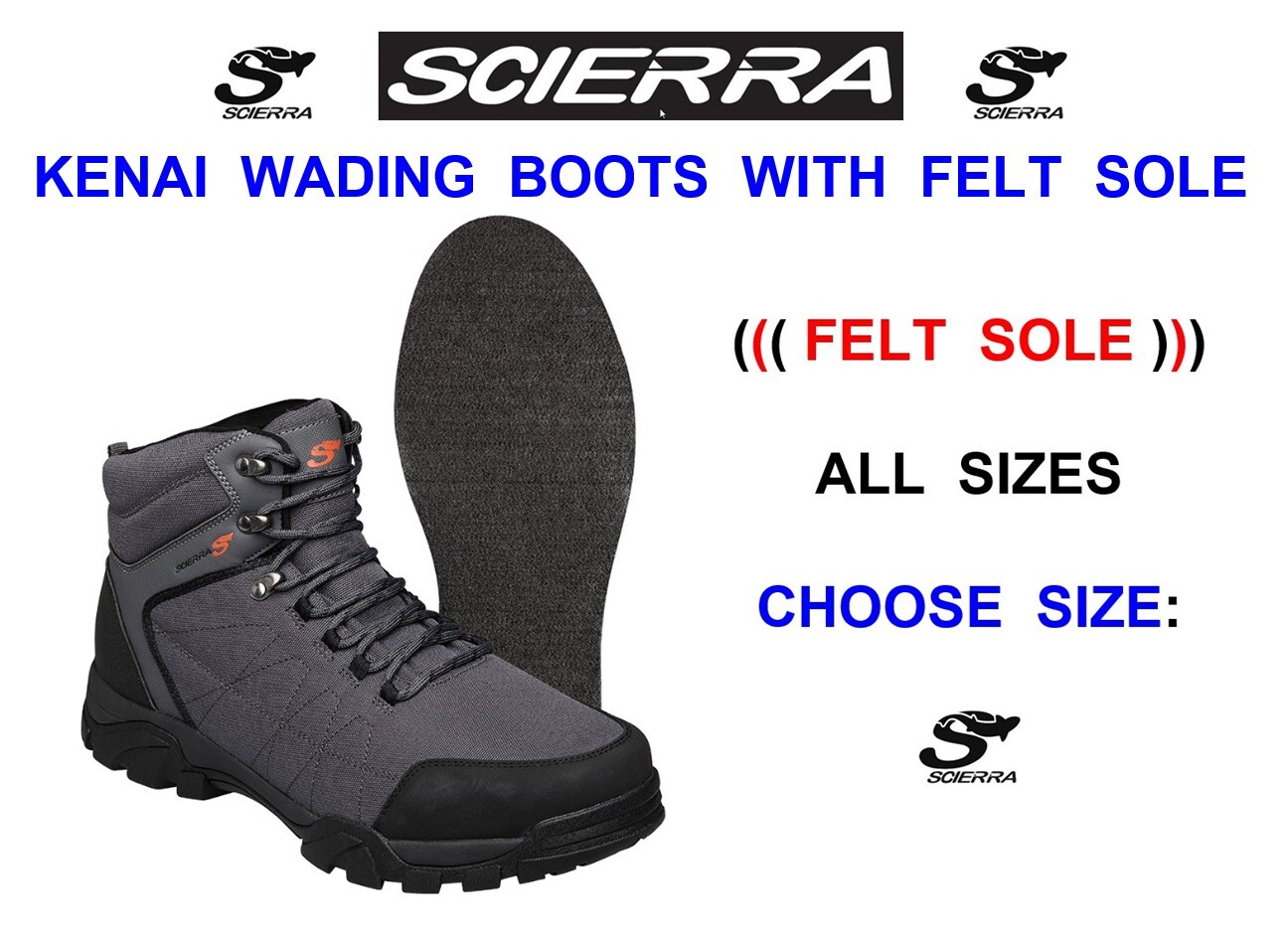 CLEARANCE SCIERRA KENAI WADING BOOTS FELT SOLE SHOES FOR FLY ROD LINE FISHING