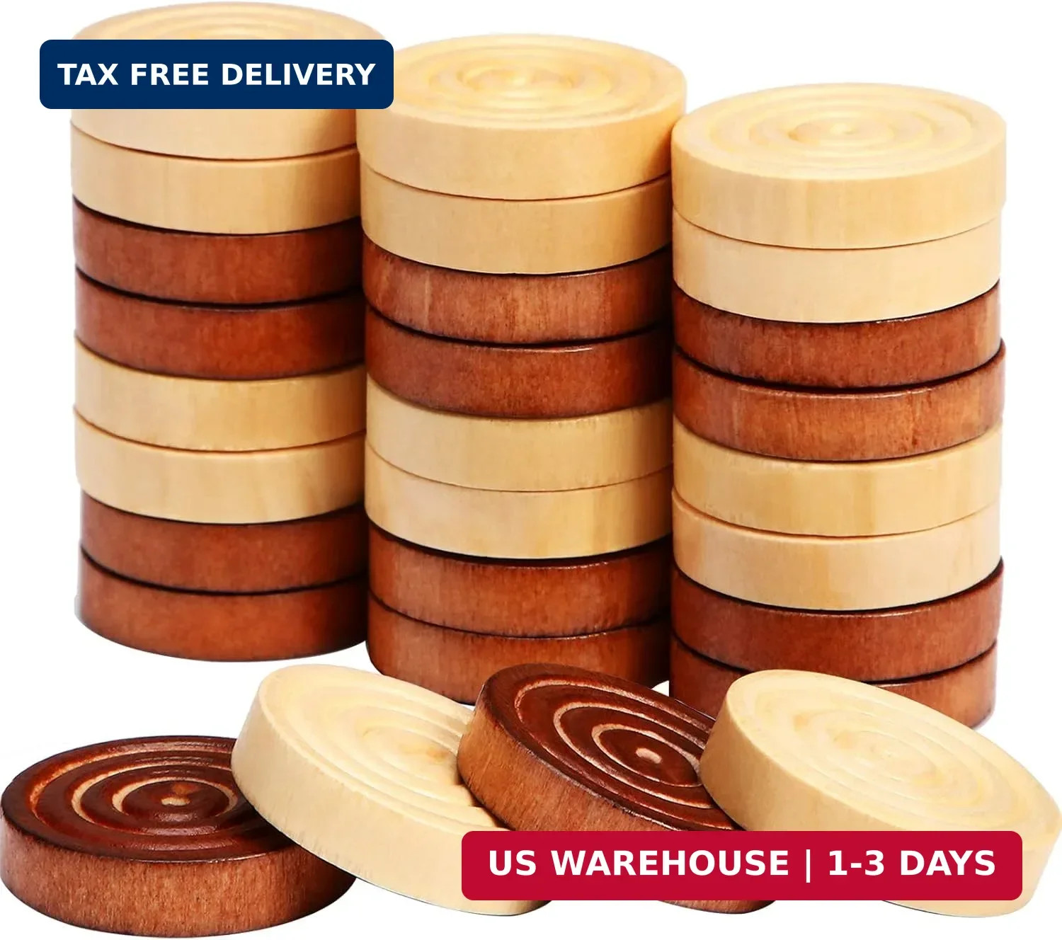 48 Pieces Wooden Checkers 1.06 Inch Wooden Checkers Pieces with Stackable Ridge