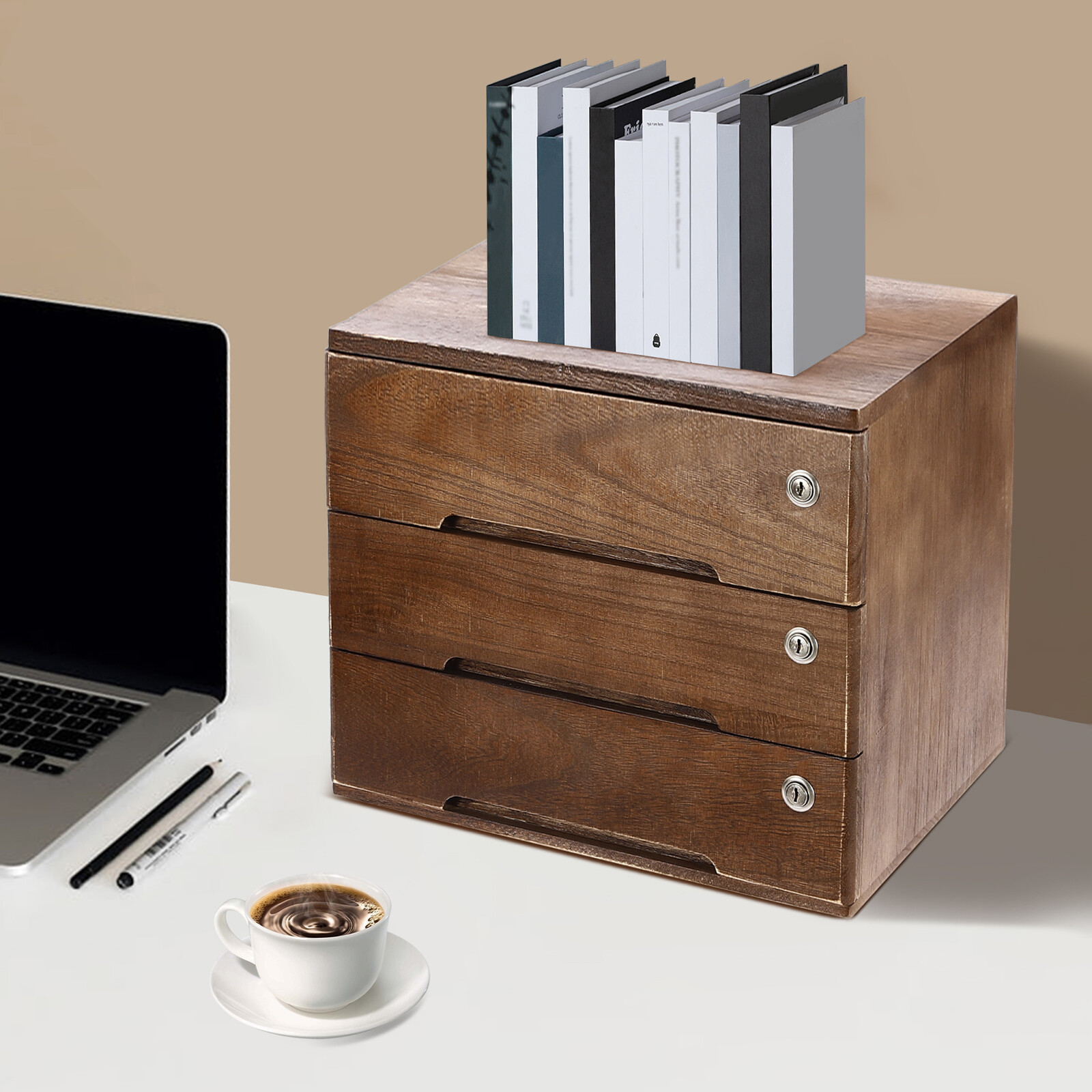 Walnut Desktop Storage Cabinet with 3 Lockable Drawers for Organized Workspaces