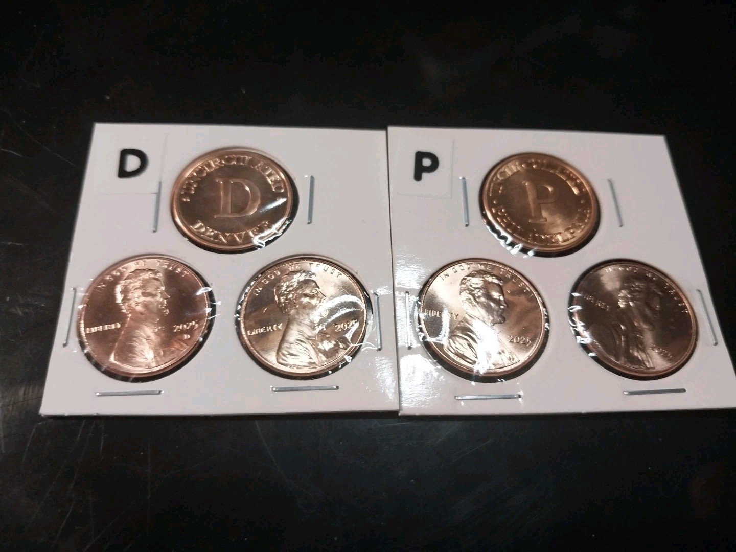LAST 2025 PENNIES W/MINT TOKENS P AND D IN HOLDERS WITH LABLES 4 COINS +TOKENS