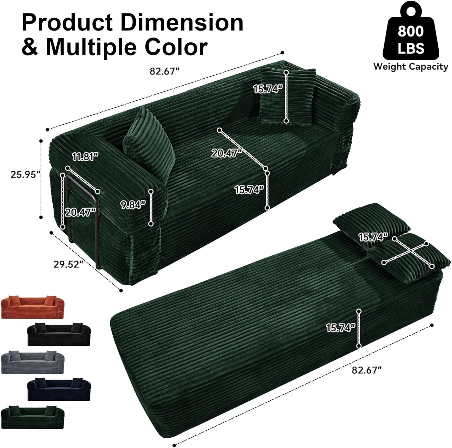 Boneless Convertible Couch Corduroy Sofa with 2 Pillows + Removable Backrest