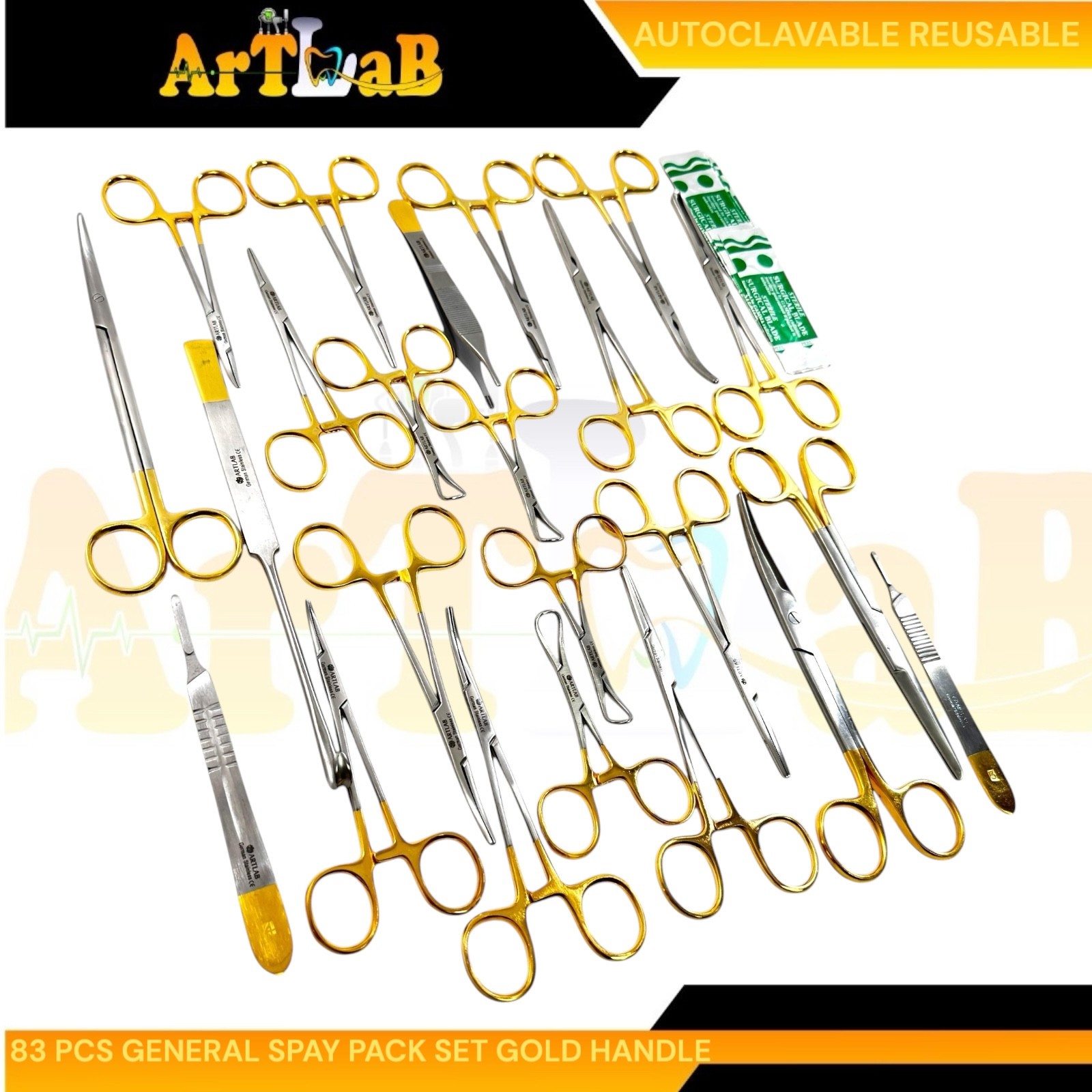 83 Pcs General Surgery Spay Pack W/Gold Handle Veterinary Instruments German