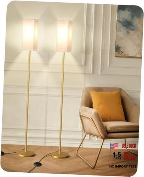 2Pack Floor Lamp Pole with Foot Switch - Modern Standing - Beige + Gold