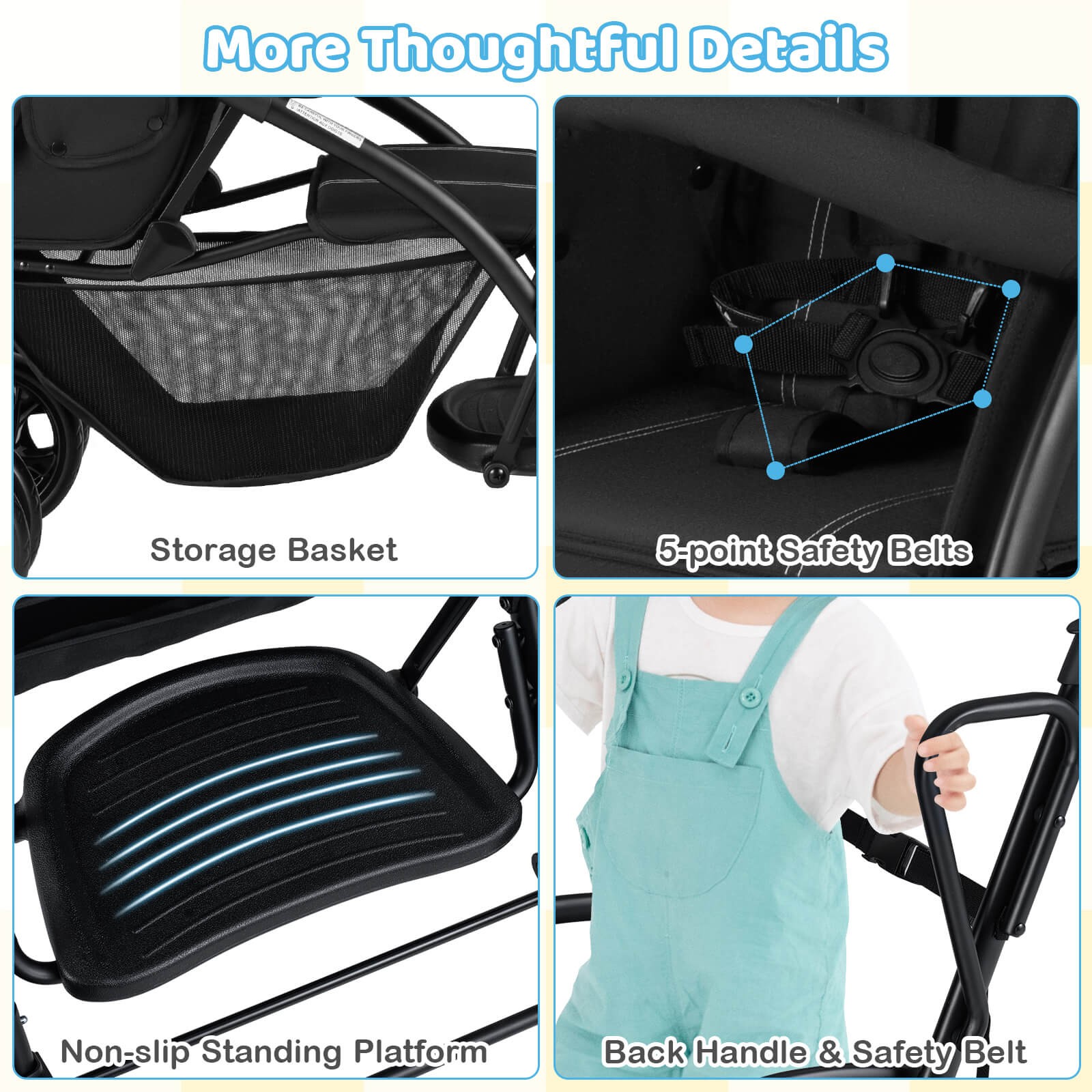 Sit & Stand Double Stroller w/Adjustable Handle Bar Backrests Footrest Canopies