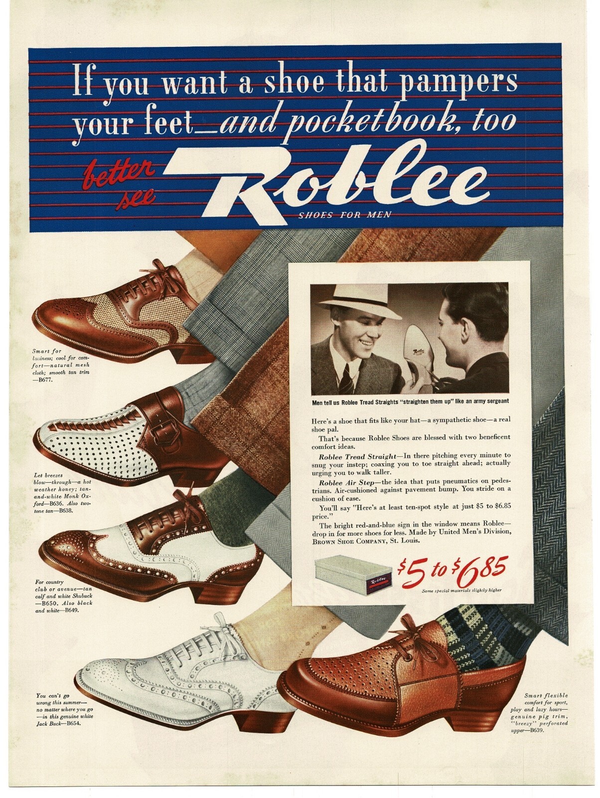 1940 Roblee Men's Dress Shoes Oxford Bucks Vintage Print Ad 1