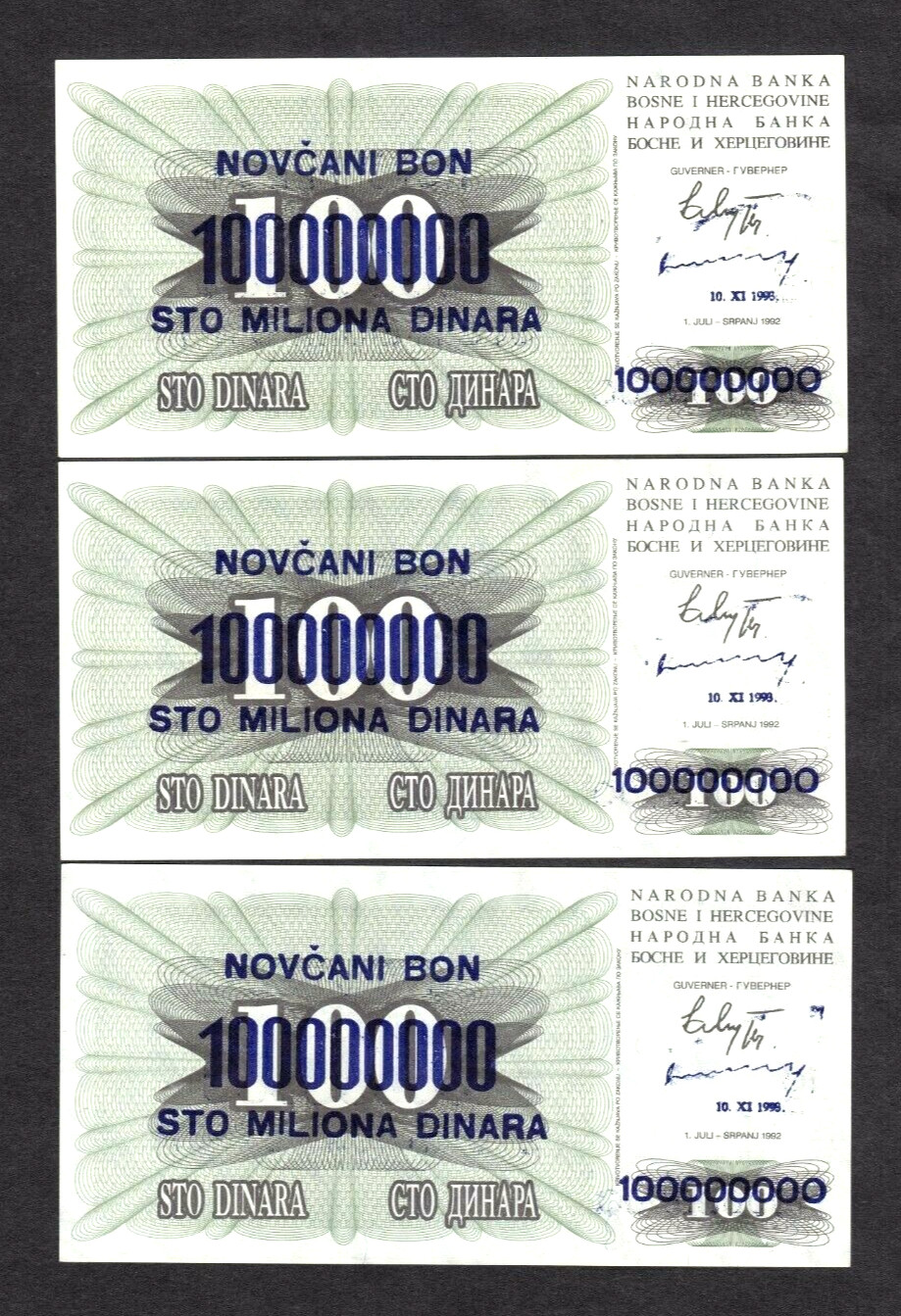 Bosnia Herzegovina 100 Million P-37 1993  UNC x 3