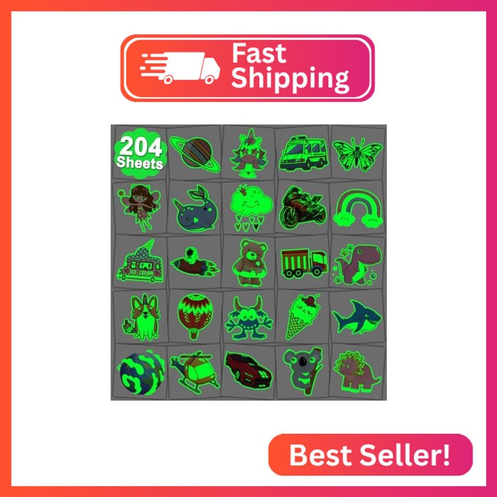 CHARLENT 204 PCS Individually Wrapped Luminous Temporary Tattoos for Kids - Glow