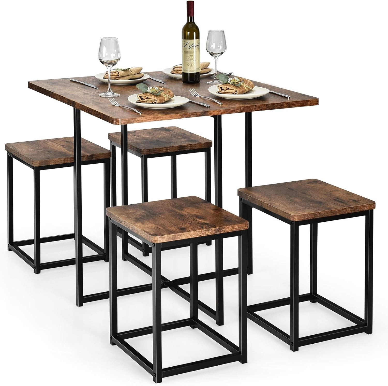 5 Piece Dining Table Set Dining Set 4 W/ Square Stools Small Kitchen Table Set