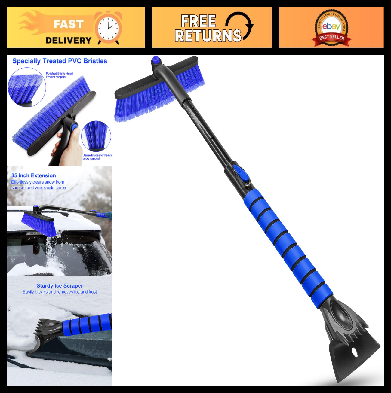 35" Extendable Ice Scraper & Snow Brush for Car Windshield - Foam Grip, Blue