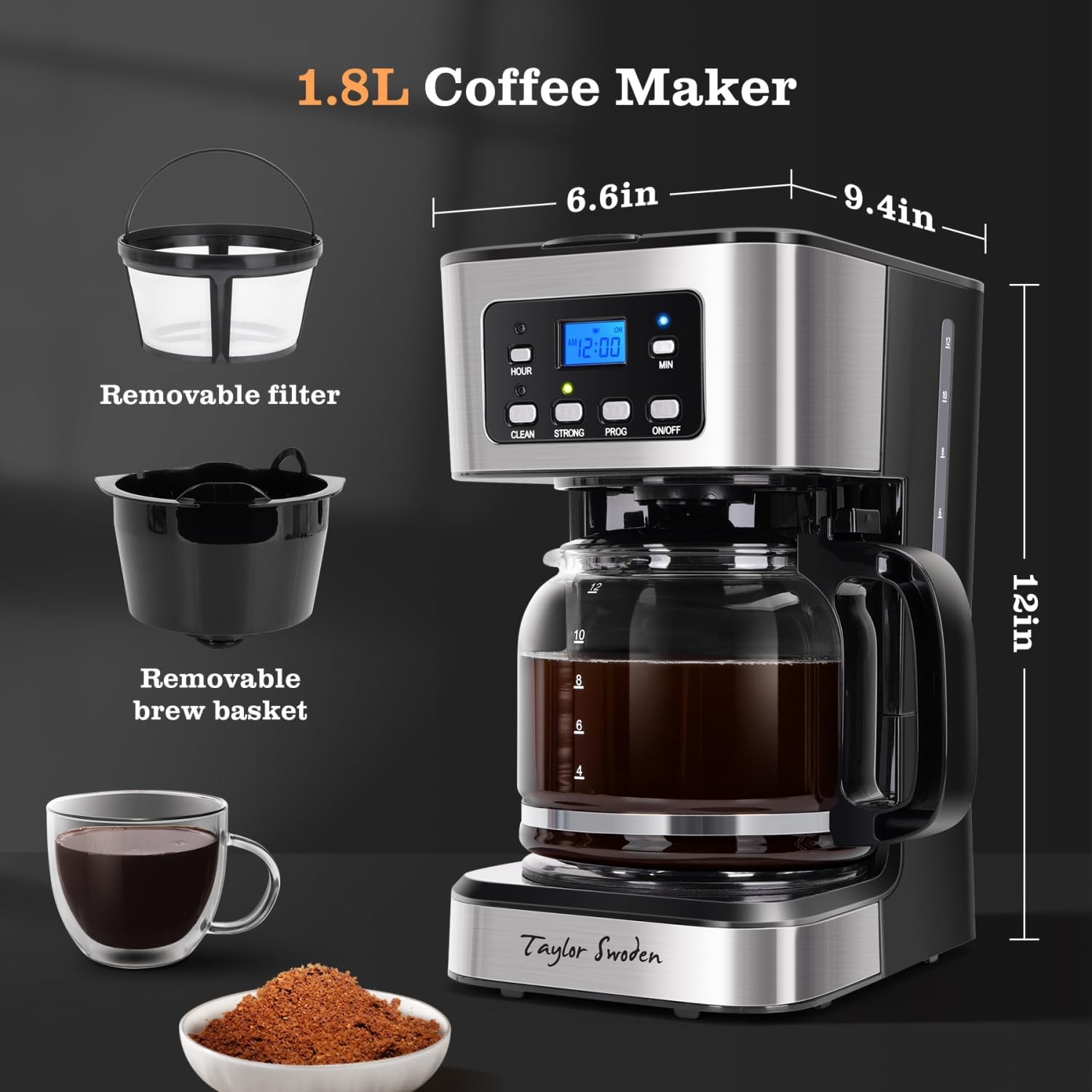 Taylor Swoden 12-Cup Programmable Coffee Maker, Regular & Strong Brew Black