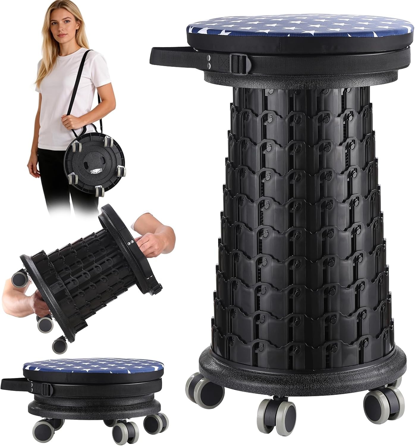 2026 Upgraded 3XL Rolling Collapsible Stool W/ Wheels 1000lbs Capacity 24-in