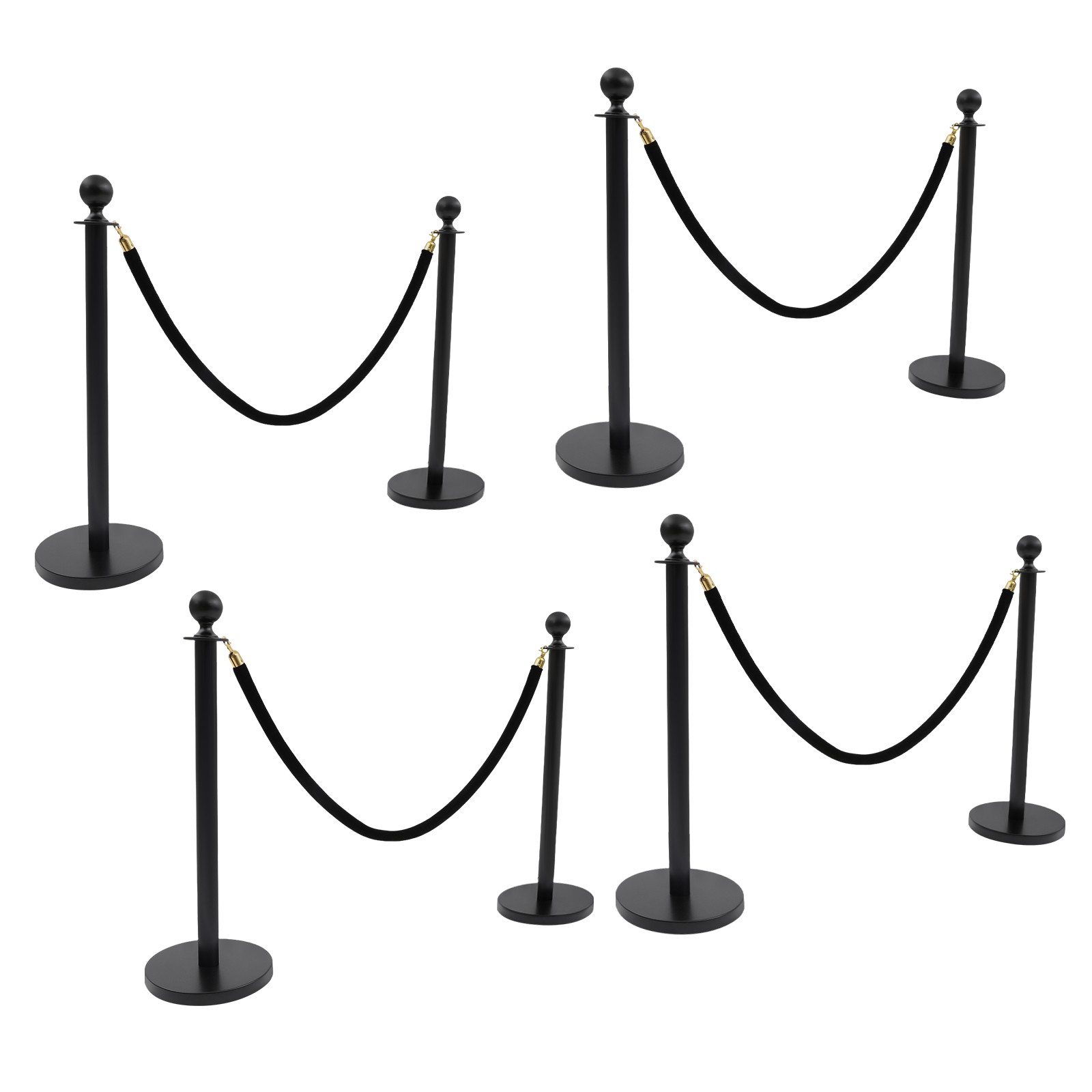 8 PCS Black Stanchion Posts Queue Pole with 4 1.5M Ropes Crowd Control Barrier