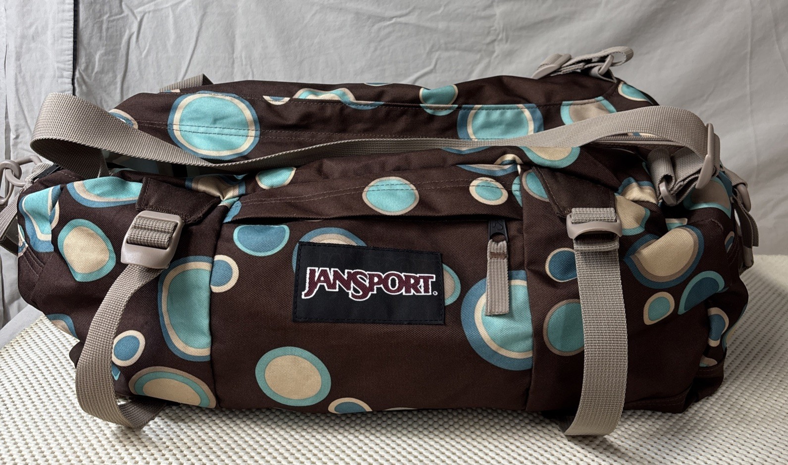 Y2K JanSport Brown  W/ Aqua Polka Dots Travel Weekend Sports Duffle Bag