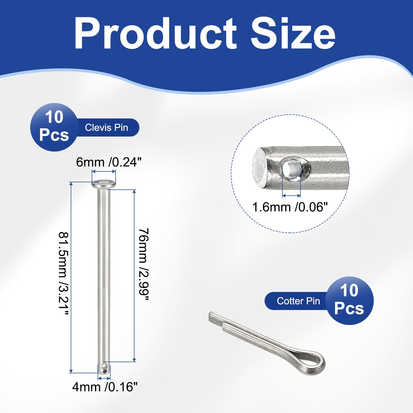 10Pcs M4x80mm Clevis Pins, Single Hole Flat Head Hitch with Cotter Pins, Silver