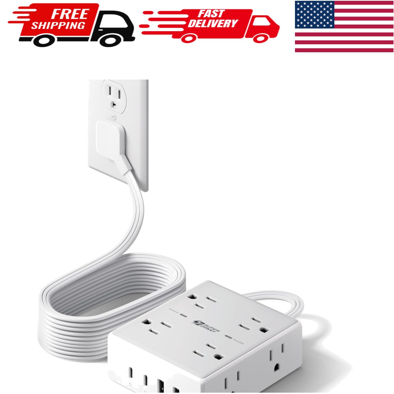 Surge Protector Power Strip 10 Ft Cord with 8 Outlet USB C Ultra Thin Flat Plug