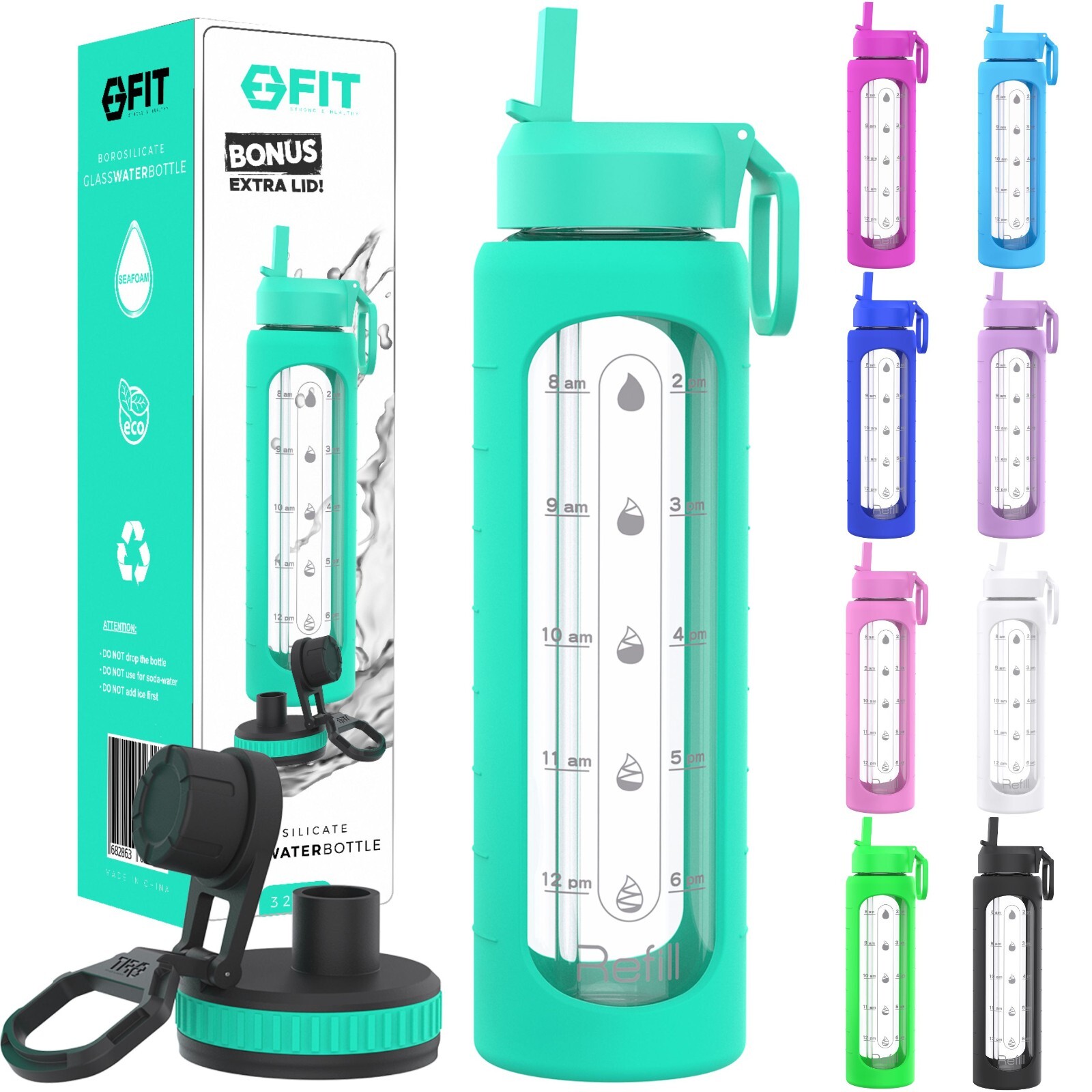 32 oz Glass Water Bottle with Time Marker Reminder and Silicone Sleeve (SEAFOAM)