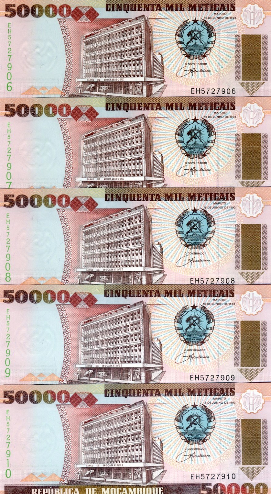 LOT Mozambique,  5 x 50000 (50,000) meticais, 1993, P-138, UNC