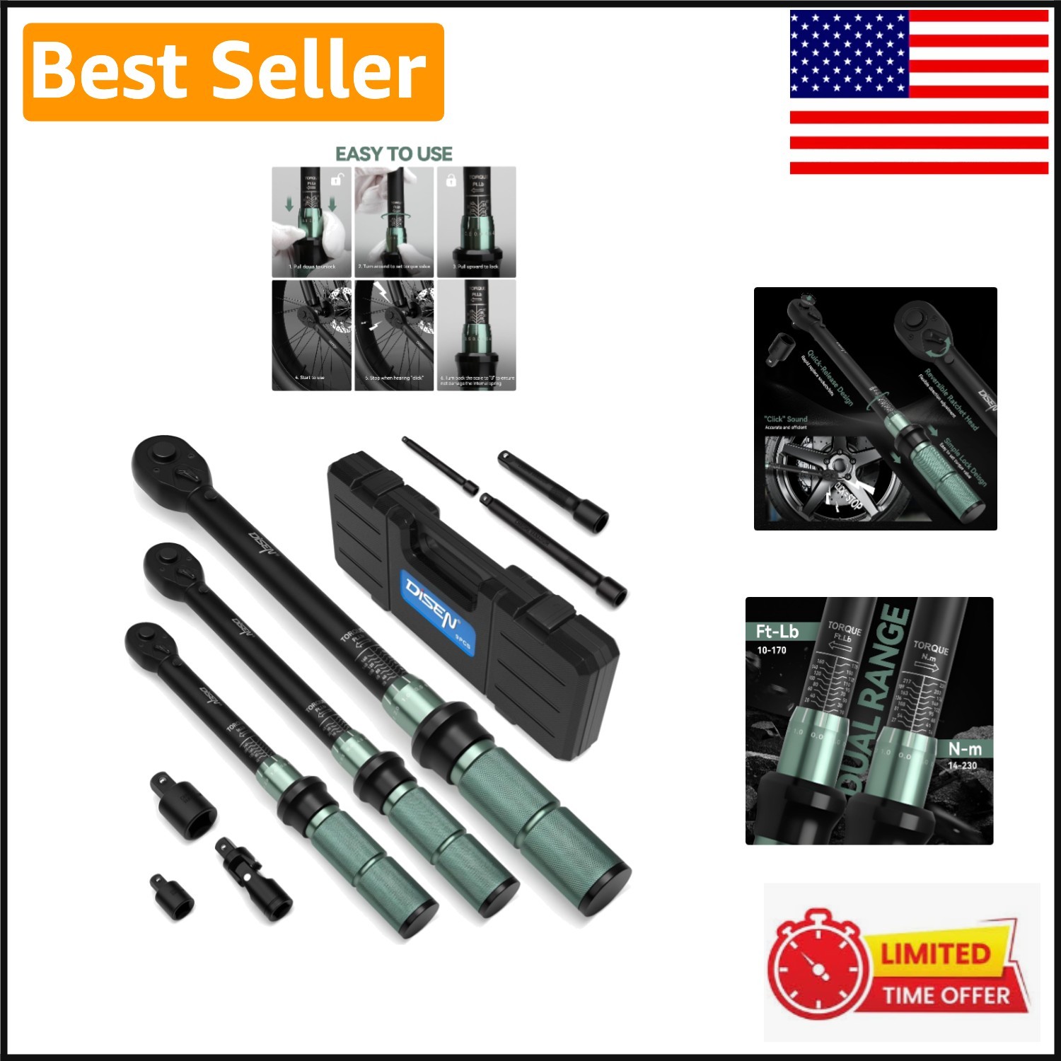 Comprehensive 9PC Torque Wrench Set for Auto & Bike Repair | 1/4”, 3/8”, 1/2”