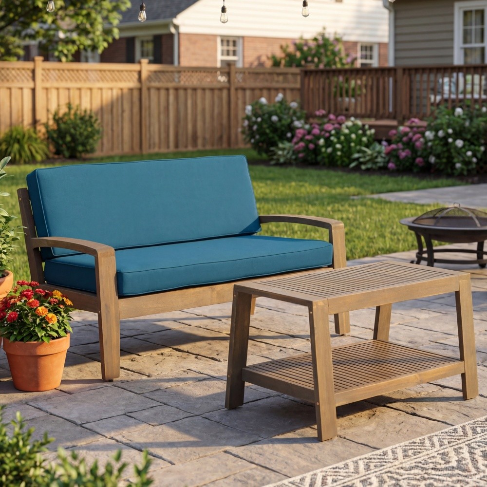 Acacia Wood Outdoor Loveseat Set w/ Coffee Table & Dark Blue Cushions, Seats 2