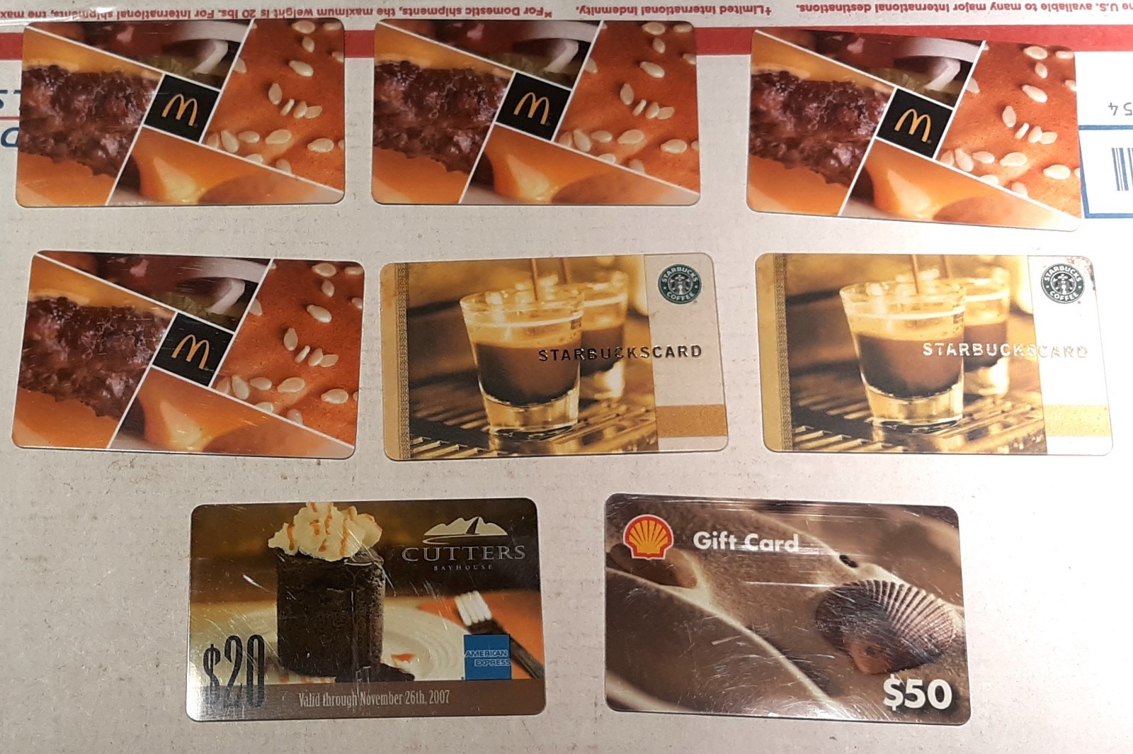 8 pc. Lot Gift Cards; McDonalds, Starbucks, Shell, Cutters. Some may have values