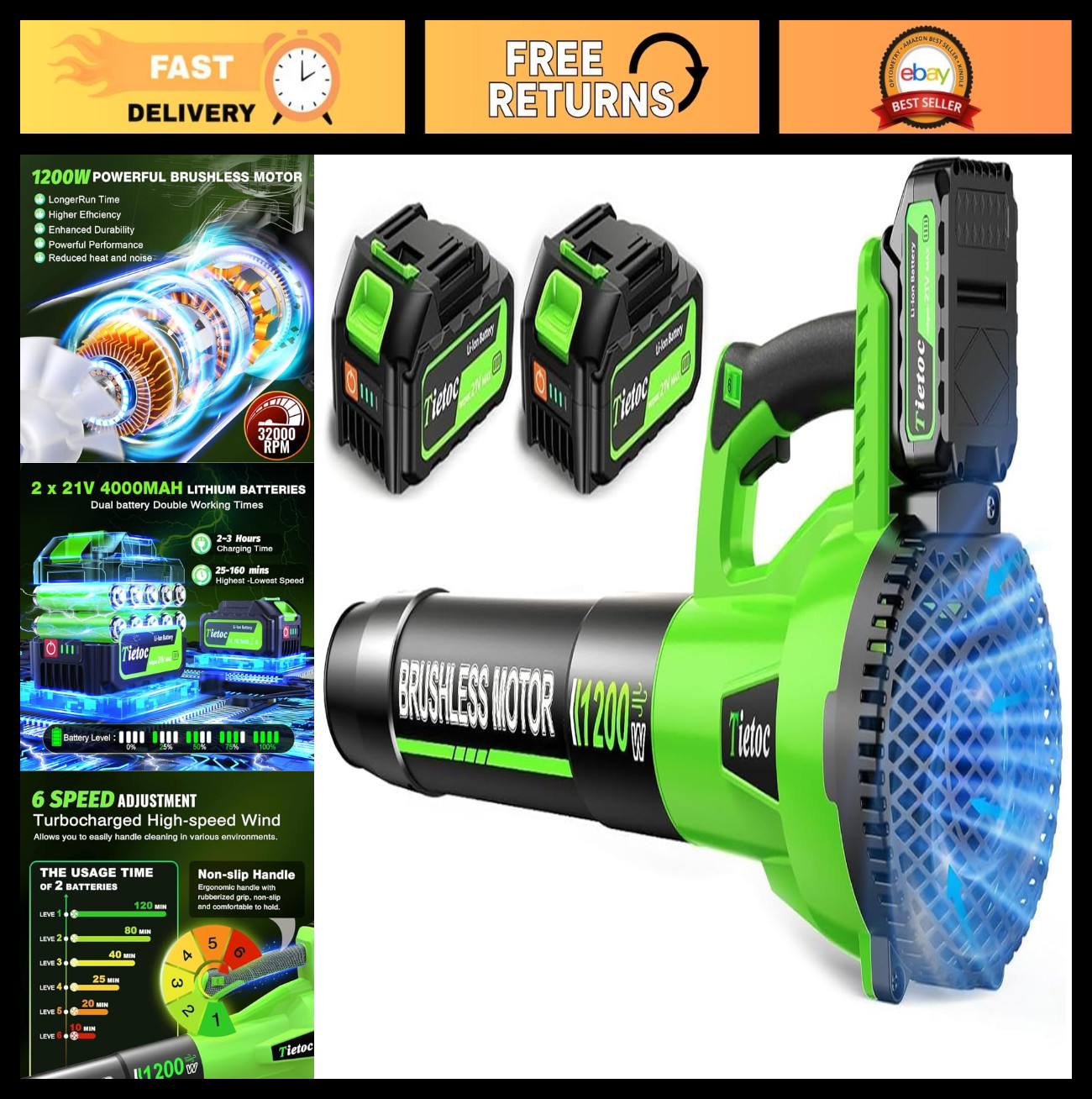 Cordless 1200W Brushless Leaf Blower with 2x 4.0Ah Battery, 6-Speed for Lawn & G