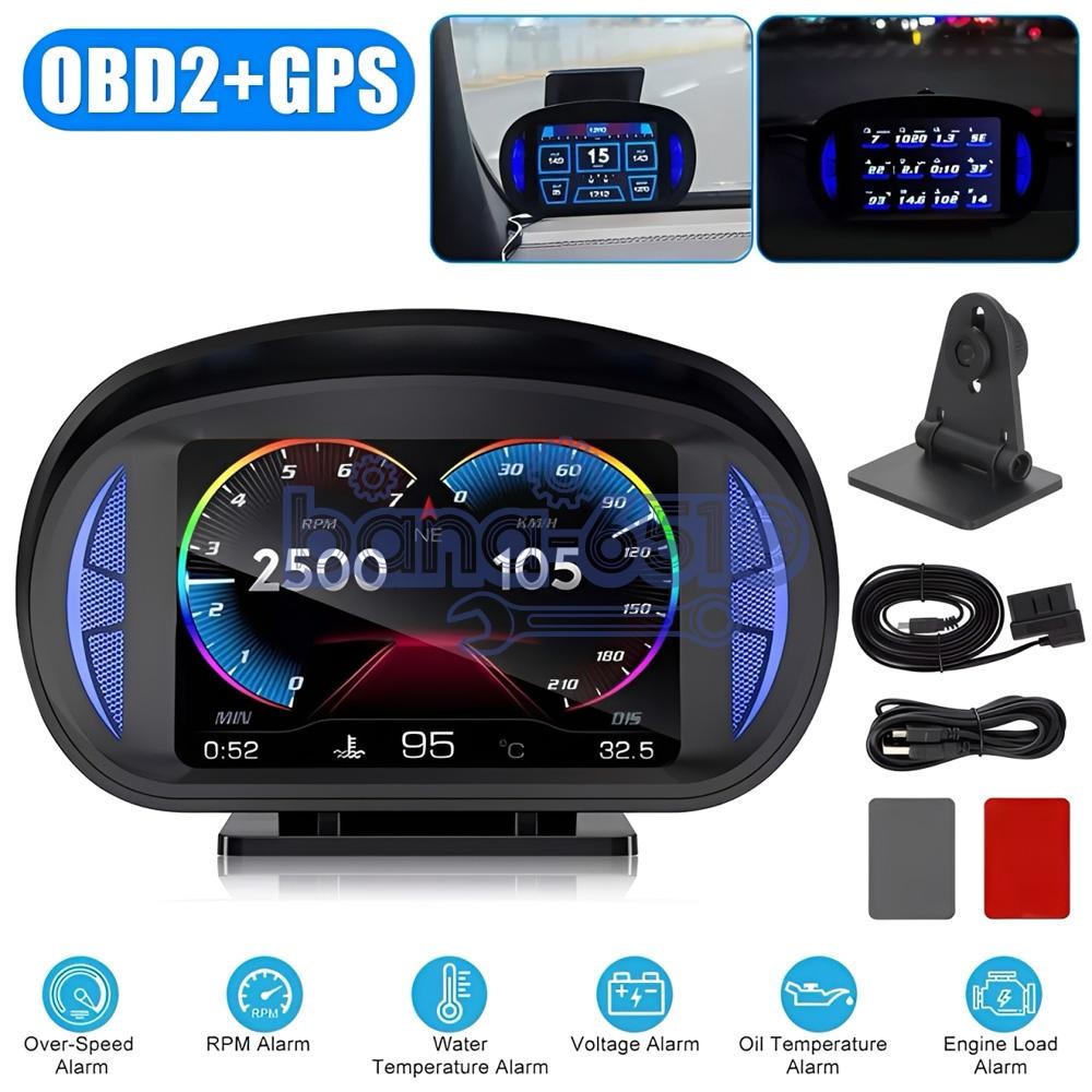 OBD2+GPS Car HUD Gauge Head Up Digital Display Speedometer Turbo RPM Temp Alarm