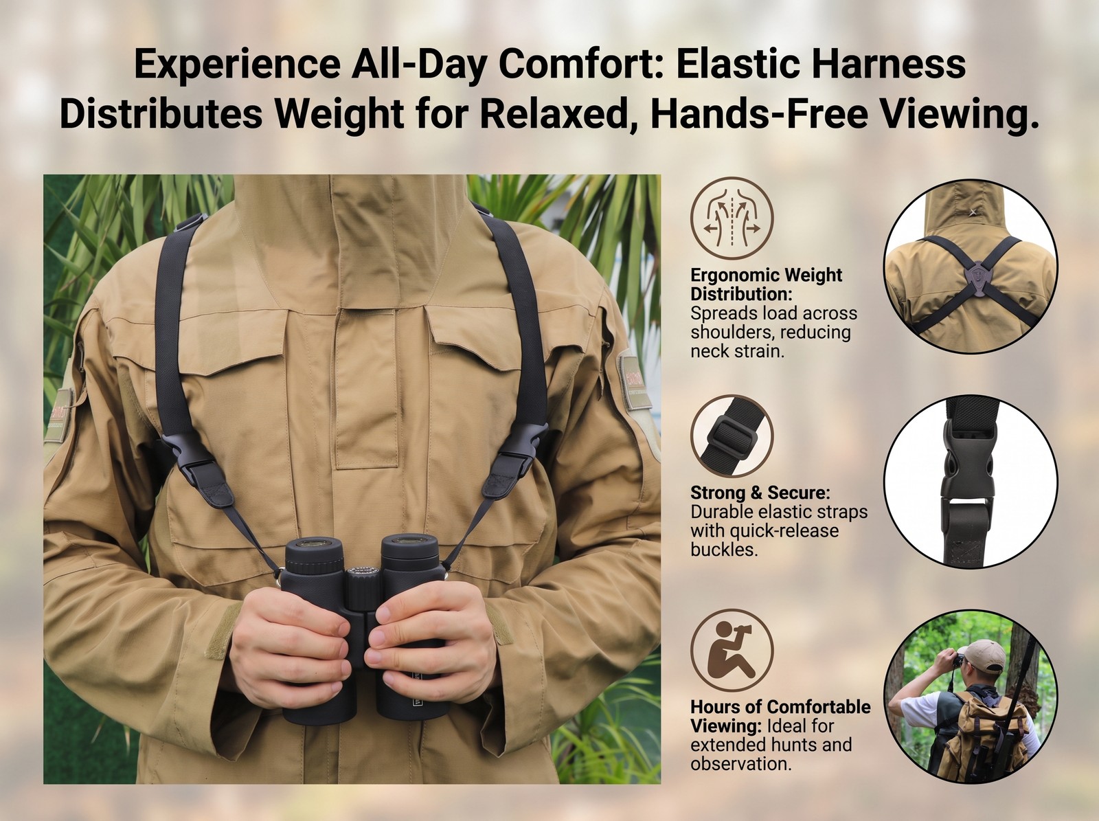 TOURBON Binocular Harness Camera Strap Quick Release Elastic Optic Chest Hunting
