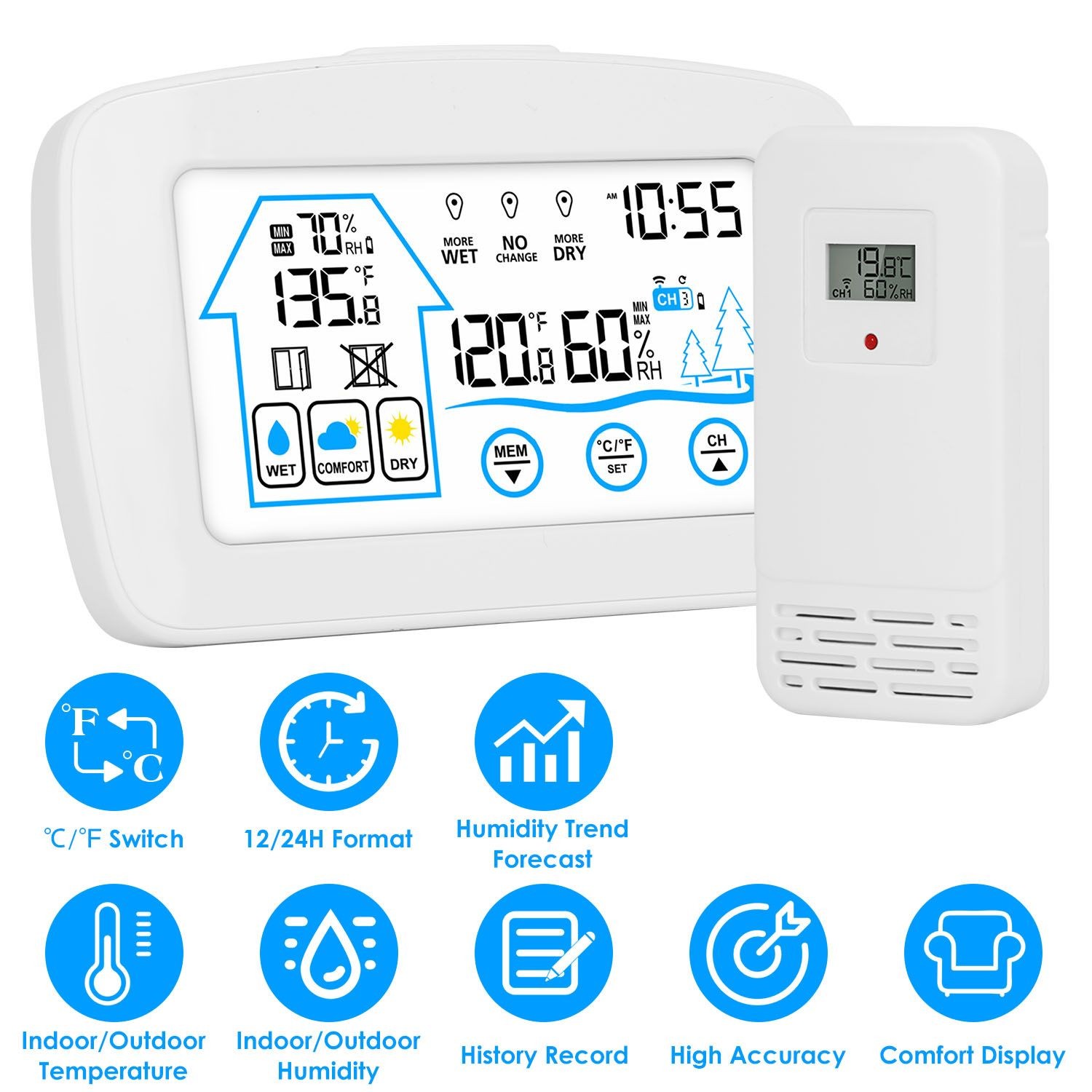 Wireless Weather Station Indoor Outdoor Thermometer Humidity Monitor Clock