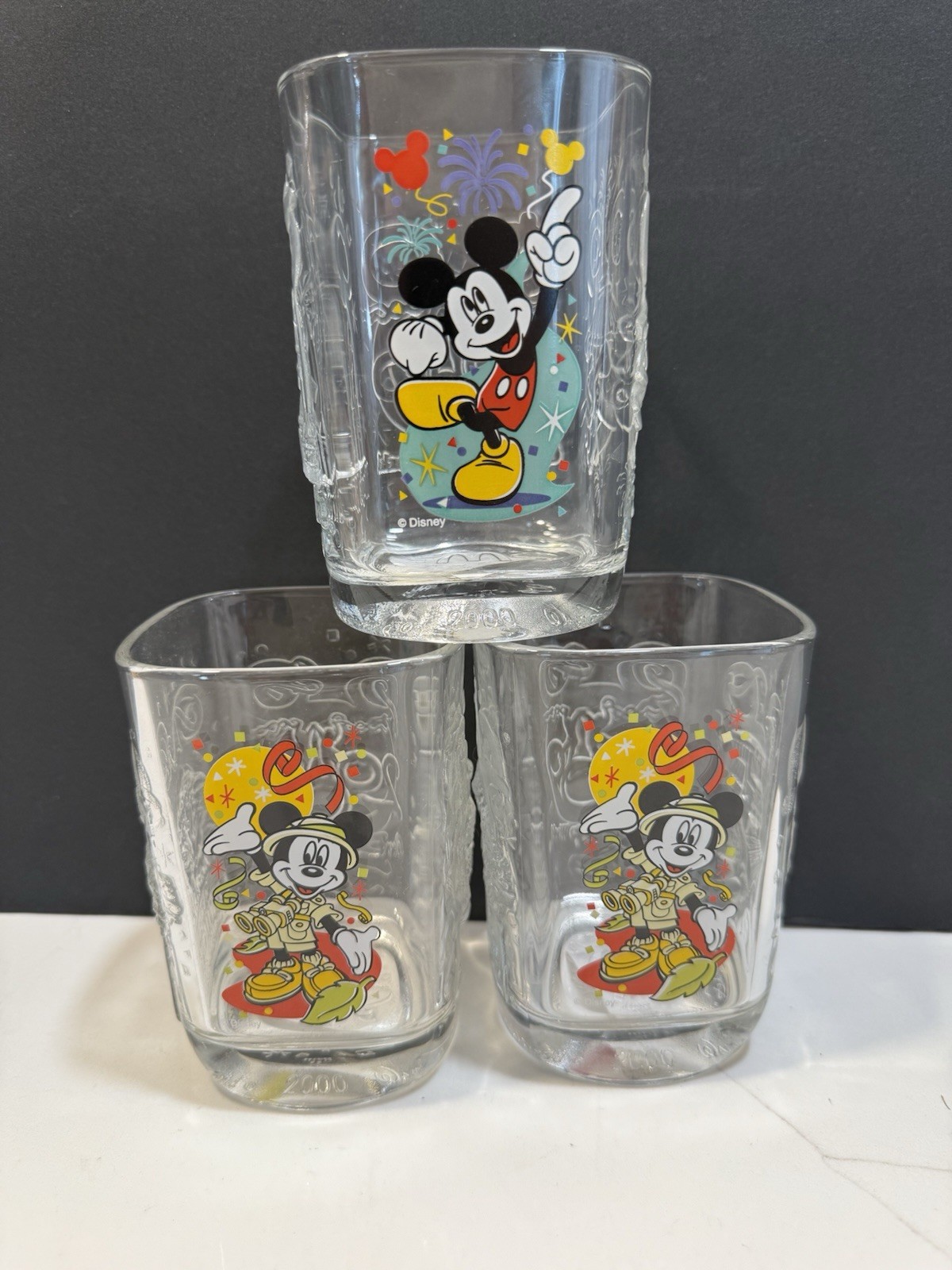 3 Mickey Mouse Disney World 2000 Glass Tumbler McDonalds Animal Magic Kingdom