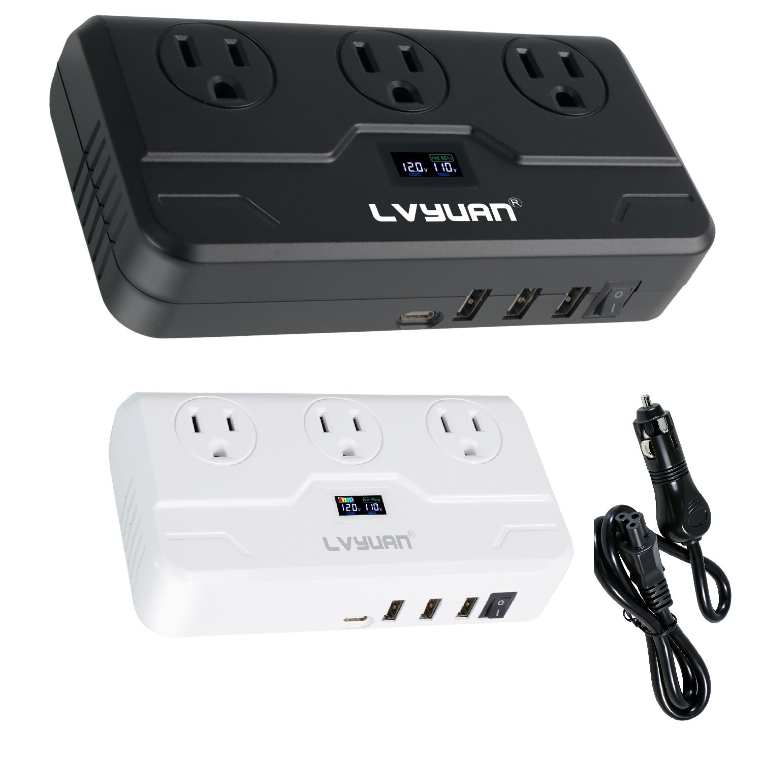 200W Power Inverter Car Charger 12V to 110V 120V Converter 3AC 3USB-A & 1USB-C